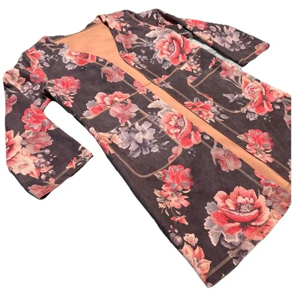Solitaire Cardigan Jacket Womens Medium Pink Floral Mid Length Boho Lagenlook‎ - Picture 2 of 9